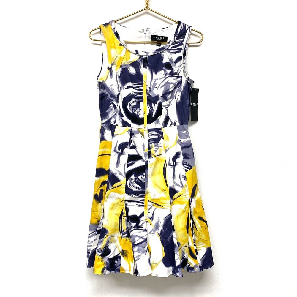 Chetta B Dress Womens Size 2 Fit &‎ Flare Sleeveless Navy Blue Yellow Cotton NWT